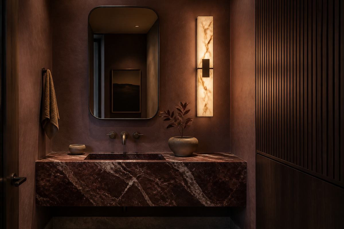 Camelback After Dark powder room with plum plaster, a veined stone vanity, a tall mirror and a warm stone wall light.