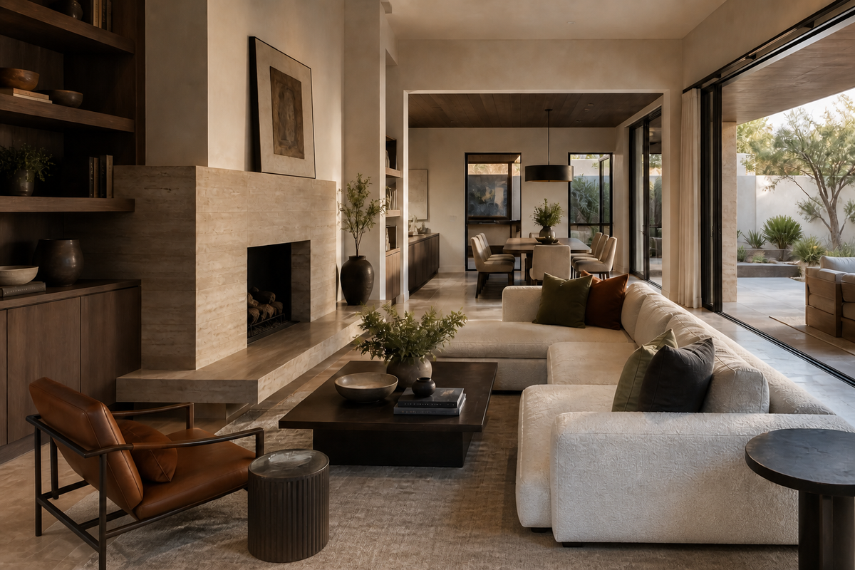 Ocotillo House living and dining space with a pale stone fireplace, low upholstered seating and a shaded courtyard.