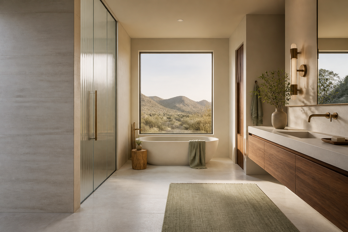 Sonoran Veil bathroom with fluted glass, a walnut vanity and a freestanding bath beneath a desert-facing window.
